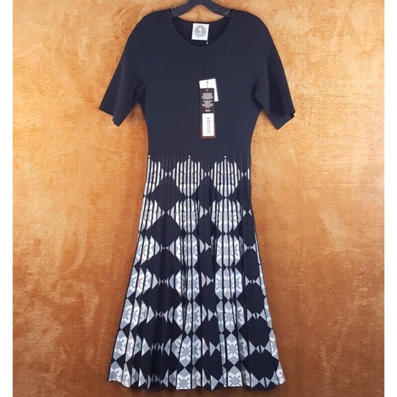 HAPPY SHEEP Womens Dress Medium Black Pleated Fit Flare Midi Diamond Knit